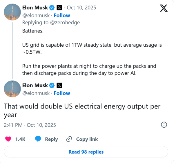 锦鲤配资 马斯克给出“AI能源”解决方案：电网夜间储能、白天放电 将使美国电力产出翻倍